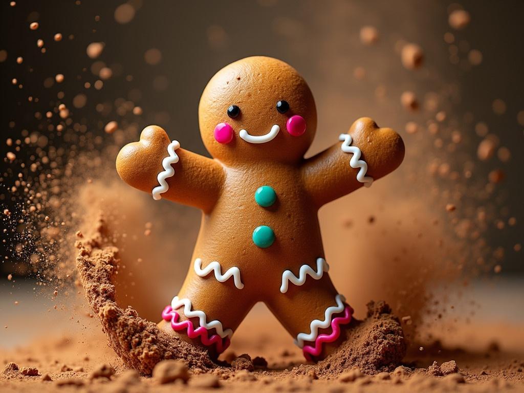 An adorable gingerbread man is joyfully dancing amidst a shower of cocoa powder. The scene is festive, filled with a warm holiday spirit. The gingerbread figure has bright icing decorations, with a big smile and cheerful pink cheeks. Cocoa powder swirls around him, creating a playful and dynamic backdrop. The lighting emphasizes the textures of the gingerbread and the fine cocoa, adding to the overall festive ambiance.