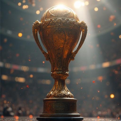 An ornate trophy representing a sports tournament with bright lighting and a blurred crowd background.