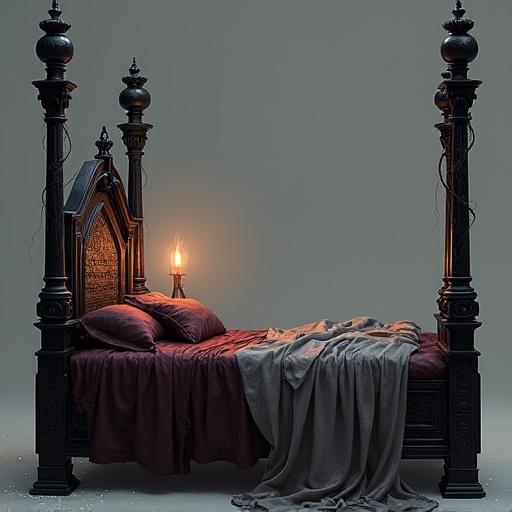 A gothic four-poster bed showing side view. Tall arched headboard with skull motifs. Black ebony posts and spherical finials. Thin mattress with tattered burgundy bedding. Frayed gray sheet draped over side. Flickering candlelight illuminating scene. Cobwebs on posts.