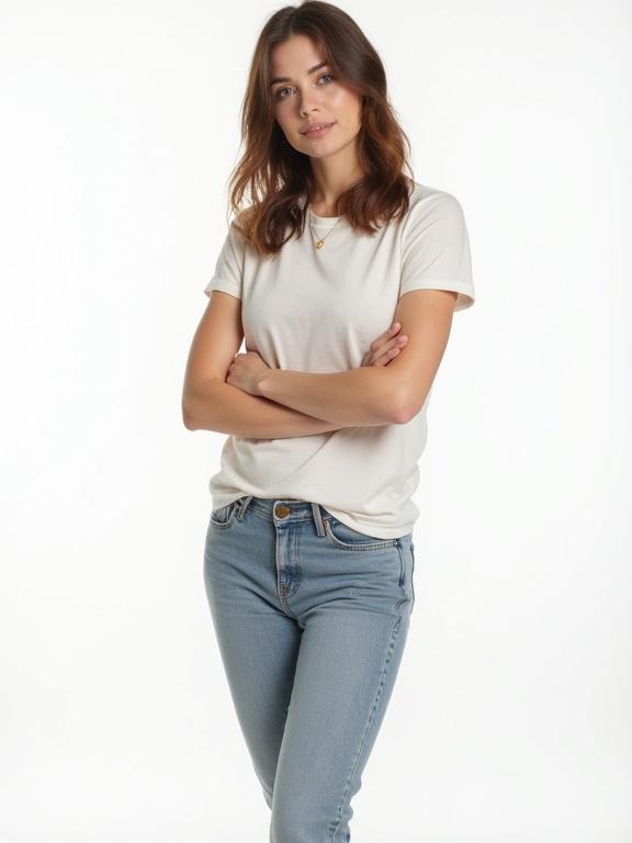 Full-body portrait of a woman with shoulder-length brown hair and light skin. She stands in a casual pose with minimal expression against a plain white background. Professional studio look and feel.
