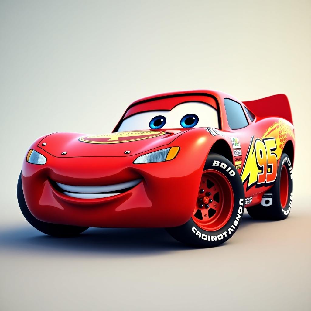 Cartoon character car with a smile. Bright red color with number 95 on the side. Playful expression on its face. Designed for children's entertainment. Represents a racing champion.