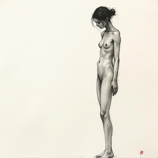 Human form illustration representing evolving consciousness. Monochrome minimalist sketch with delicate ink lines on textured paper. Serene mood influenced by Asian brushwork.