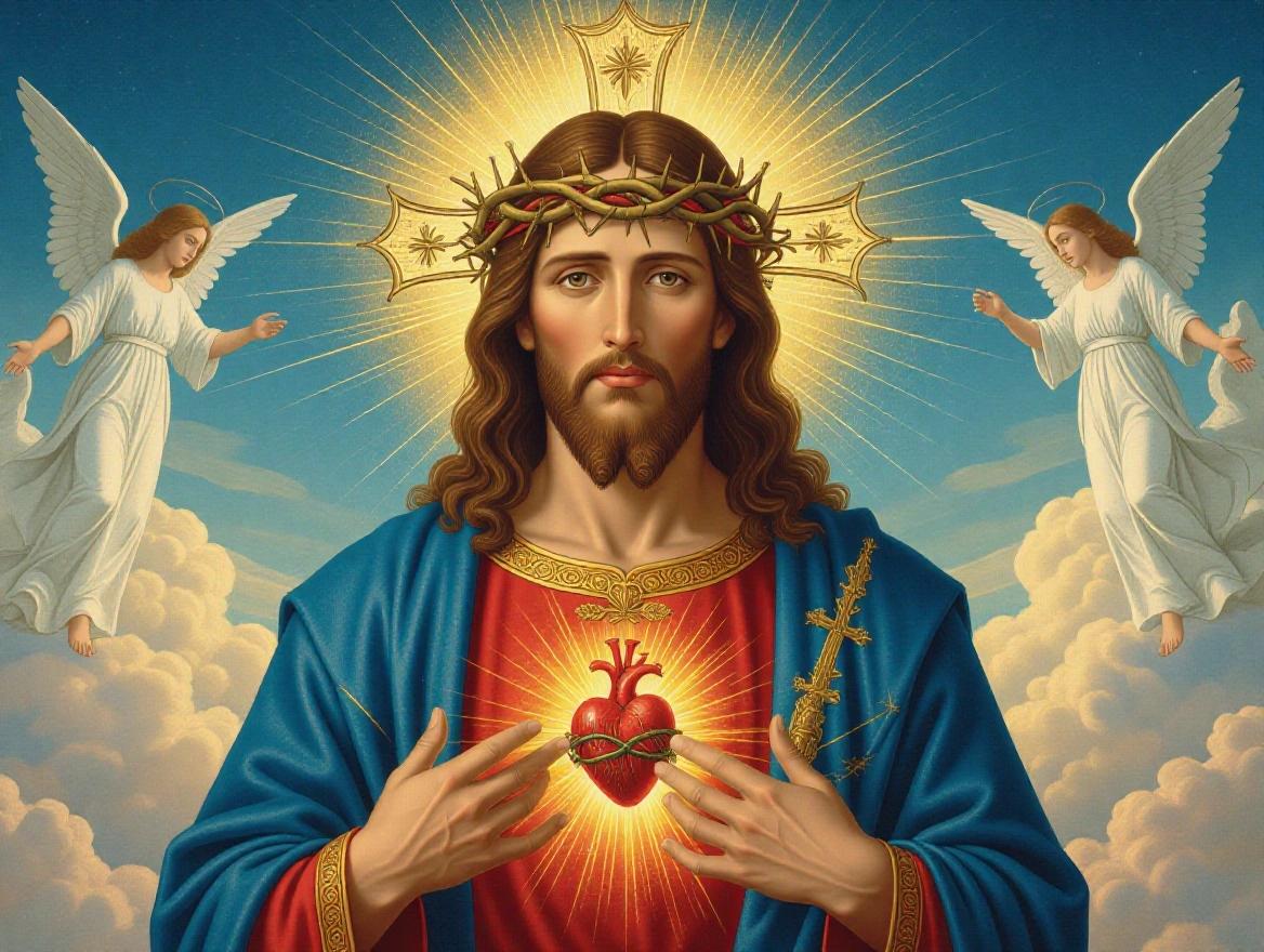 Jesus Christ depicted with a serene expression wearing a red tunic and blue mantle. Wavy brown hair and a glowing Sacred Heart with golden rays emerge from his chest. Heart is crowned and wrapped in thorns. Surrounded by angels against a celestial background. Intricate details and vibrant colors. Lighting is soft yet intense with a Renaissance-inspired style.