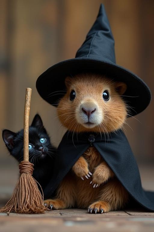 Baby capybara dressed as a witch with a pointed black hat and tiny broomstick. Small black kitten looks up curiously beside it. The scene feels magical and cozy, evoking a Halloween fairy tale.