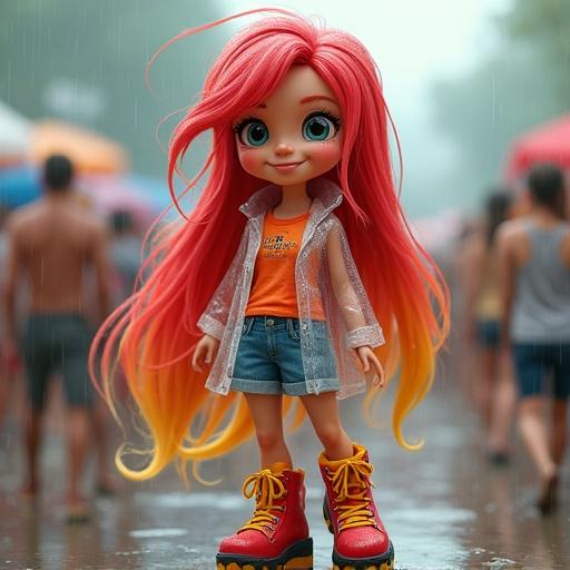 A cartoon girl with vibrant red and yellow hair at a summer music festival. The atmosphere is rainy and wet. She wears a see-through raincoat and a bright shirt with shorts. Her stylish hiking boots catch attention.