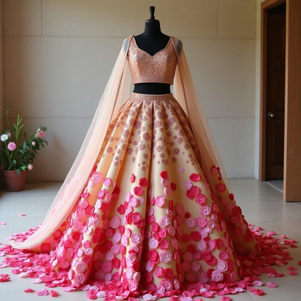 Lehenga design featuring beige base color adorned with pink and reddish pink rose petals. Suggestions for blouse and chunni included.