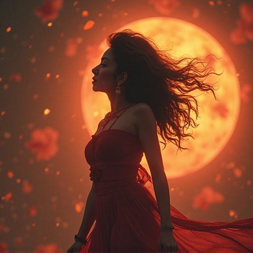A woman wearing a flowing red dress poses with wind in her hair against a large moon backdrop. Visible floral elements enhance the ethereal atmosphere.