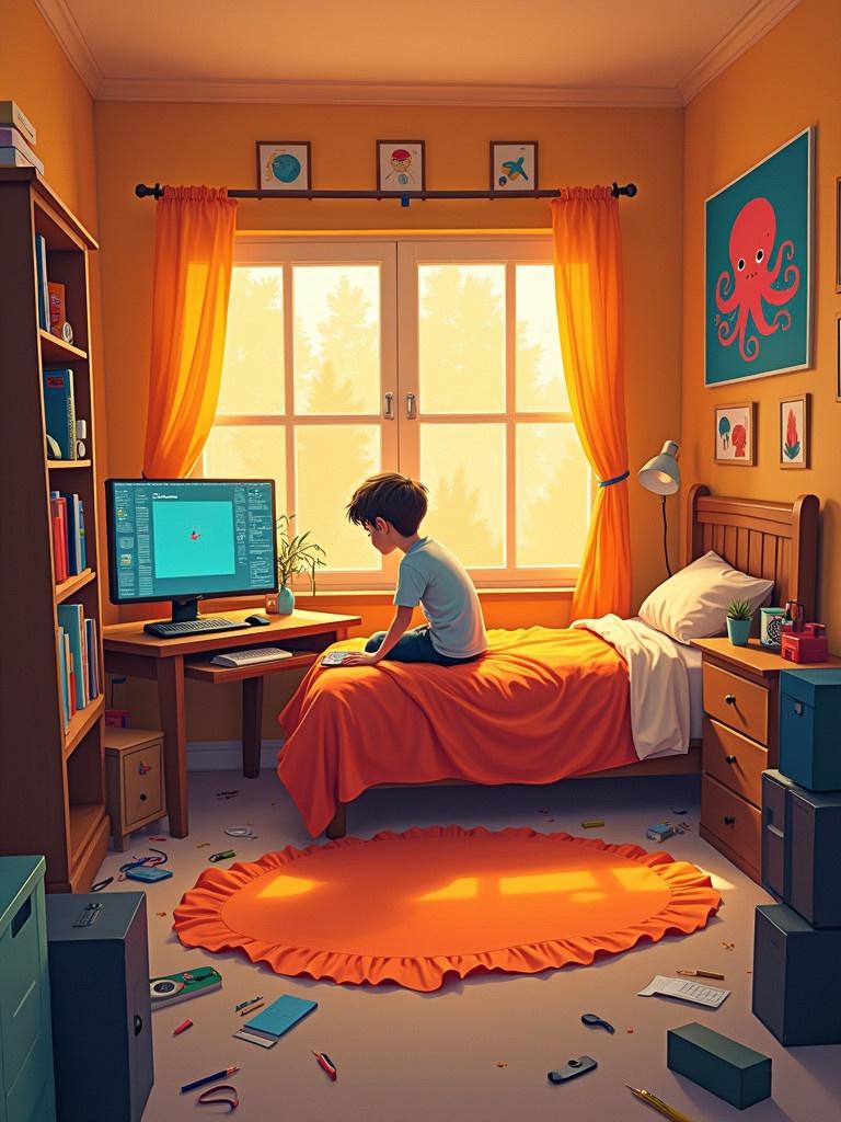 Image of a boy's room filled with scattered toys. Orange is the dominant color. A computer system is on the table. The boy is sitting on the bed. A big octopus poster is on the wall. Warm light fills the room. Cozy and inviting atmosphere.