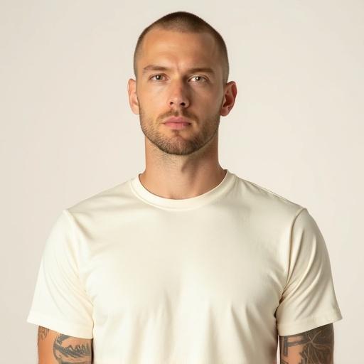 High resolution portrait of a male with short hair wearing a cream T-shirt. The image is framed from head to just below the chest. The subject has a neutral expression, clean-shaven face, and oval face shape. Well-lit with soft lighting, minimalistic background, and a clean composition.