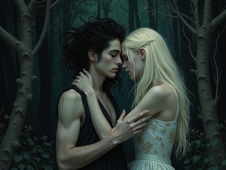 A beautiful female touching a male body in a dark forest. Mysterious and magical atmosphere. Depicts dangerous fae. Inspired by John Bauer and Ashley Wood. Simplicity in storybook illustration style.