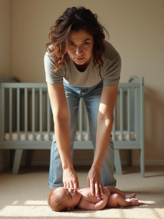 Caucasian woman stands upright next to a newborn baby lying on a beige carpet. The baby is face up. The woman has curly brown hair and a serious expression. They are in a room with neutral beige walls and a light gray crib. The warm lighting creates soft shadows on the floor. There is a sense of quiet tension.