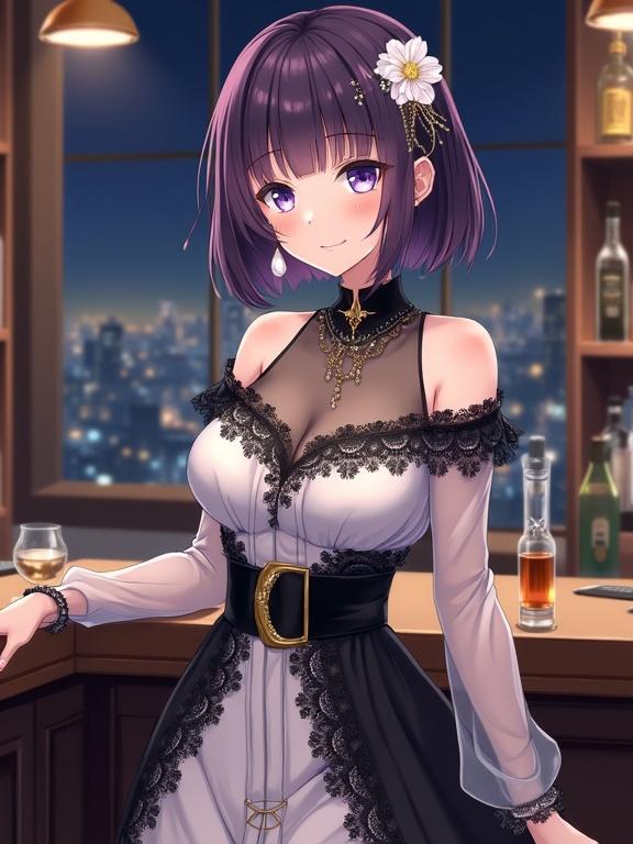 Anime-style illustration featuring a woman with short dark purple hair and purple eyes. She wears an elegant sheer off-the-shoulder dress with a lace pattern. The dress includes a black collar and wide black belt. Accessories include a floral hairpiece and teardrop earrings. She stands at a bar with bottles visible, and a city skyline shines in the background.