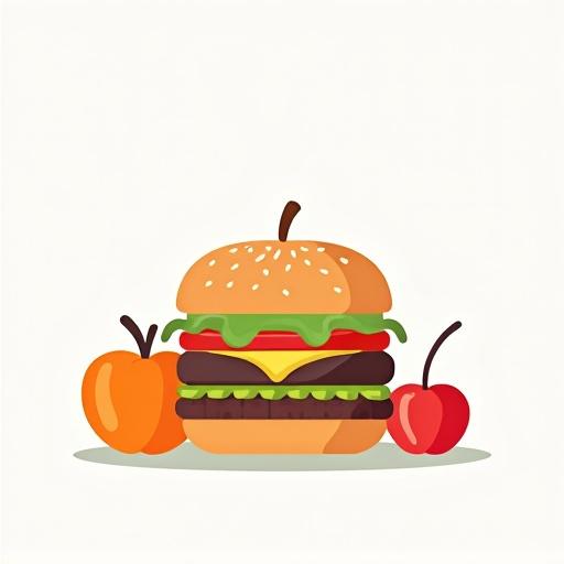 Flat cartoon-style illustration of a burger and fruits. Features clean geometric shapes. Solid white background.