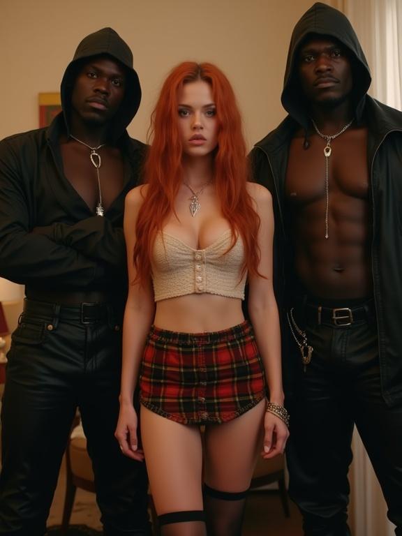 Female singer with red hair wearing micro skirt and crop top. Two muscular men in black attire stand beside her. Living room setting with casual decor. Pixelated and soft image with bright colors.
