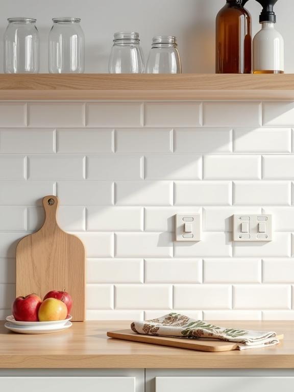 Photograph of a kitchen featuring a white subway tile backsplash and wooden countertop. Upper shelf has clear glass cups. Lower shelf holds a wooden cutting board with fruit and a brown spray bottle. A white dish towel with a leaf pattern is on the counter. Light switches are on the wall. Apples are on a white plate. Wooden cutting board with paper is on the counter. Natural light enhances the clean, organized space. Features a bright, airy feel. No humans present.