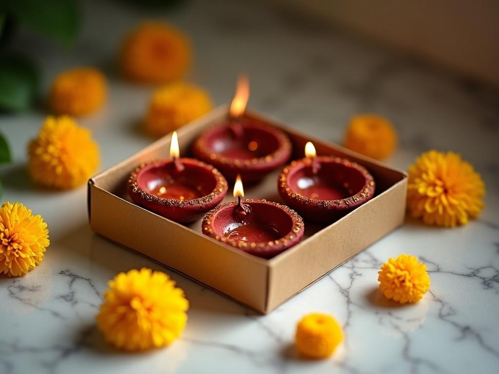 The image showcases a beautifully arranged set of four clay lamps, known as diyas, lit and surrounded by vibrant marigold flowers. The warm glow from the lamps contrasts beautifully with the earthy tones of the clay. The pots are placed in a simple, elegant box, reminiscent of festive celebrations. The overall composition evokes feelings of warmth and joy, perfect for cultural festivities. It represents the spirit of celebration and tradition, particularly associated with Diwali, the festival of lights.