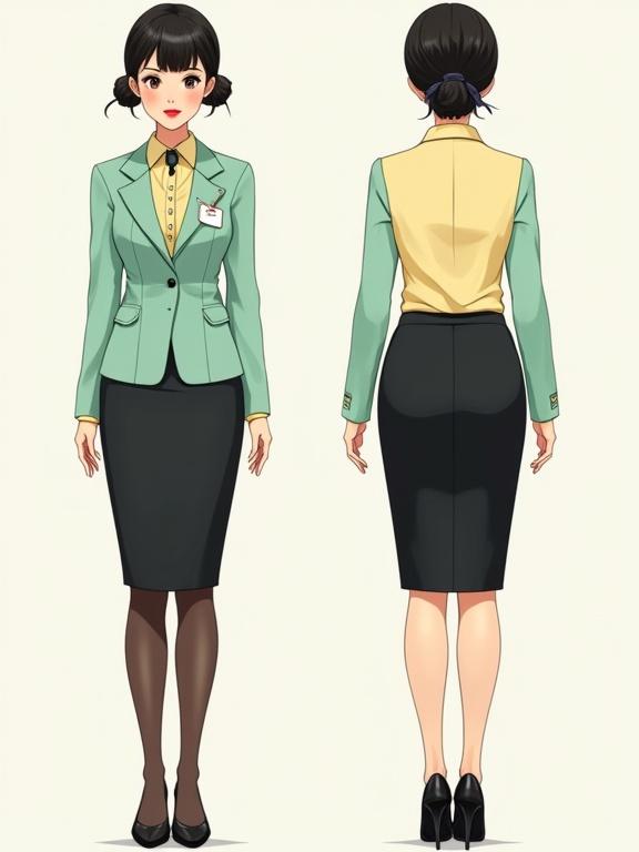 Young female character in airport staff uniform. Top includes pastel-yellow long-sleeve blouse and mint-green blazer with black pencil skirt. Footwear includes black low-heel pumps. Bunned black hair with light makeup featuring red lips. Name tag on blazer and ID badge on black lanyard. Dark blue gingham scarf tied at neck. Full body view.