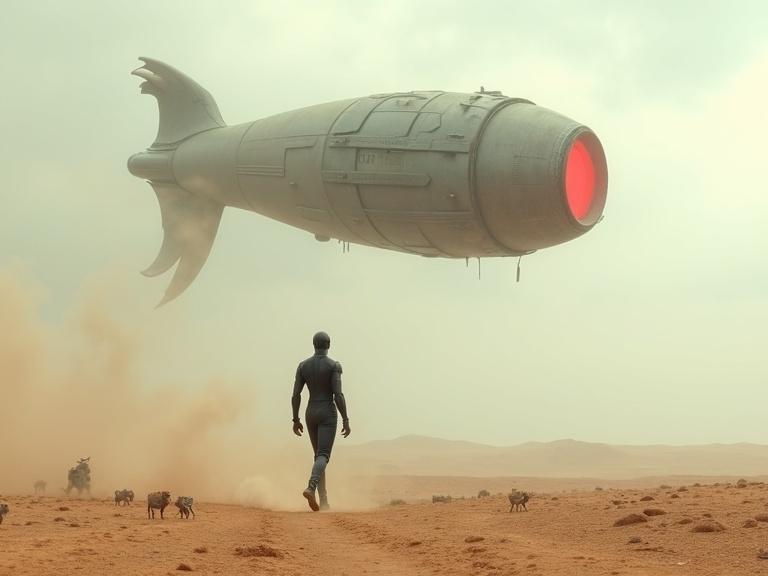 Futuristic scene with a lone figure in a sleek suit in a desert. The figure gazes at a large robotic entity with a glowing eye. Dust swirls at their feet. Small creatures are seen in the background.