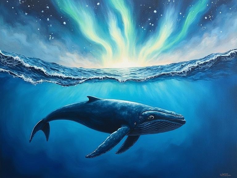 Whale swimming below water surface. Aurora reflecting above the ocean. Surreal impressionist style. Watercolor sky combined with oil textured whale and waves. Tranquil and mystical mood. Diagonal flow composition from lower left to upper right. Thick water ripple strokes with soft light wash and pearlescent blending.