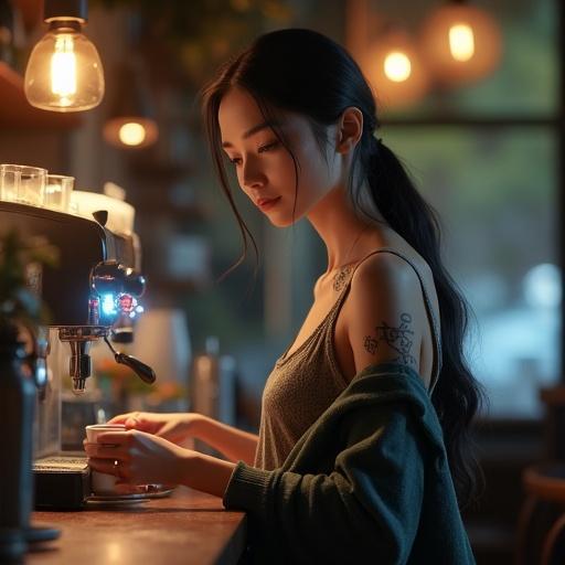 A beautiful 30-year-old retired witch works in a modern café. She has long dark hair tied back and visible glowing tattoos. She wears elegant casual clothes with a shawl. She prepares coffee with grace. Soft glowing magical symbols hover around her. The atmosphere is warm and inviting. The setting is detailed and visually rich.