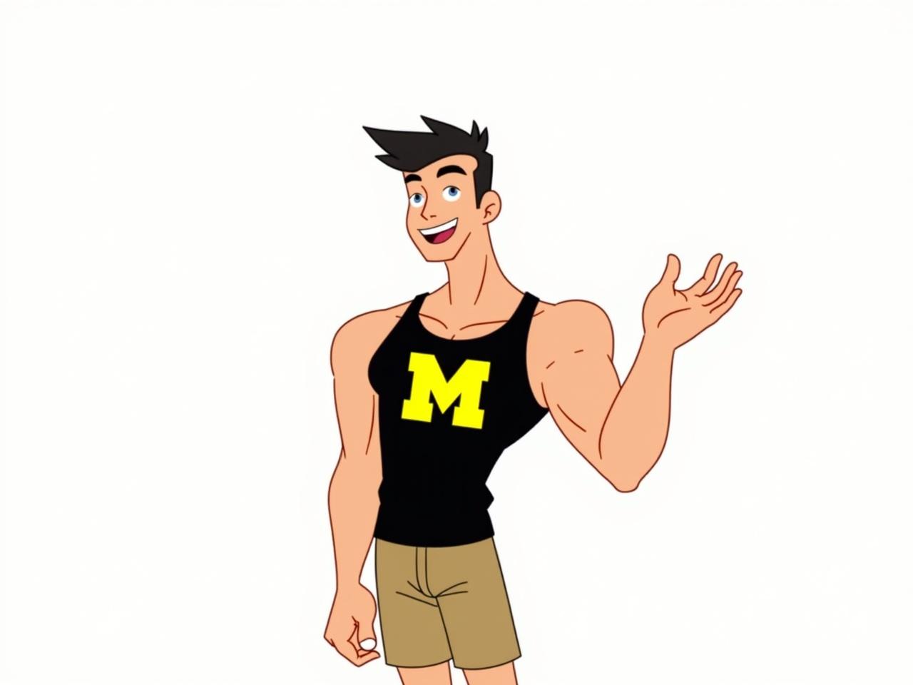 The image features a cartoon-style character who appears to be a young male. He has a muscular build and is wearing a black tank top with a large yellow letter 'M' on the chest. The character has light brown shorts that come down to about the knees. He is smiling and waving with his right hand, giving a friendly gesture. The background is plain white, which emphasizes the character's playful demeanor. His hairstyle is short and spiky, adding a lively touch to his overall appearance.