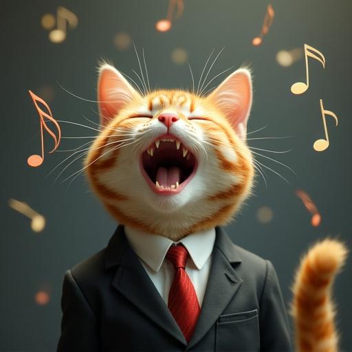 A semi-realistic cat wearing a business suit joyfully singing. The cat has its eyes closed and mouth open in laughter. Musical notes float around the cat. The scene is lighthearted and playful.