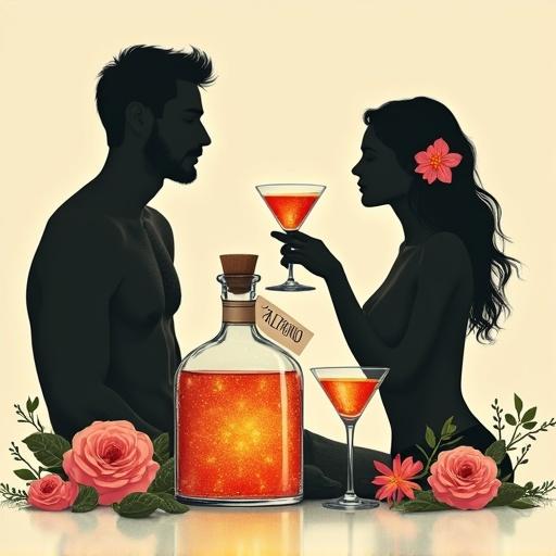 Minimalist screen printing artwork depicting silhouettes of a shirtless man and a topless woman toasting with cocktail glasses. Beside them, a lower apothecary bottle glows. A cork lid tops the bottle with the name 'ALFRUNO' elegantly displayed. Surrounding elements include roses and herbs. Beige background adds warmth to the scene.
