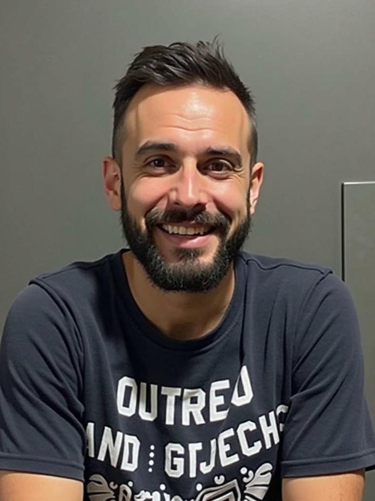 A young male is seated in a neutral setting. He wears a navy blue shirt with white lettering. The focus is on his upper body. The lighting is soft and balanced. The background is simple and modern.