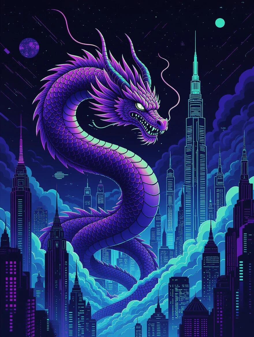 A glowing dragon weaves through a cyber city. The cityscape is filled with tall spires. The background is a light black with haze. The color scheme features vivid purples and muted greens. Graphic design includes glitch-wave textures and exotic patterns. The image has intense close-ups of dragon scales. The overall feel is sci-fi fantasy with atmospheric elements.