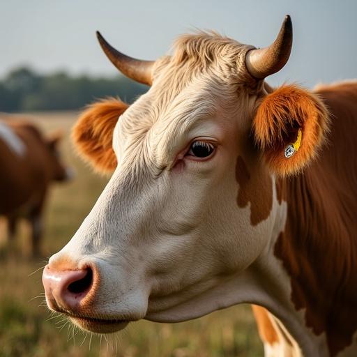 Close-up of a cow's head in a rural setting. Soft lighting highlights the cow's features and farm background. The cow has a prominent ear tag and a gentle expression.