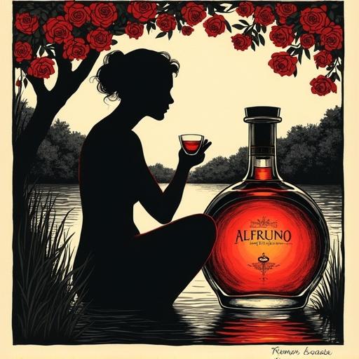 Artwork features a silhouette woman near a pond. She holds a glass of bright liqueur. A large bottle labeled 'ALFRUNO' stands beside her. The scene is set under a flowering rosebush. The artwork is done in black against a beige background. The overall style is vintage and sensual with high contrast.