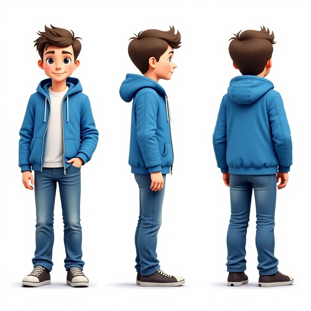 This image depicts a cartoon boy wearing a blue jacket. The character is shown in three distinct angles: front, side, and back. He stands confidently, showcasing his casual style. The blue jacket is complemented by lighter blue jeans and sneakers. This detailed representation makes it easier for artists to draw from various perspectives. The overall design is friendly and approachable, ideal for animation or illustrations.