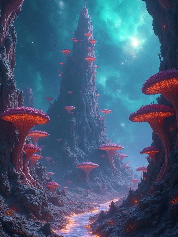 A colossal bioluminescent fungal city sits within a hollow dead space dragon's remains. Its vertebrae form towering skyscrapers. Nomadic tribes of space elves navigate pathways on floating fungal membranes. The sky shimmers with auroras and nebulae. Inspired by Miyazaki and Giger with vibrant colors and ethereal beauty.
