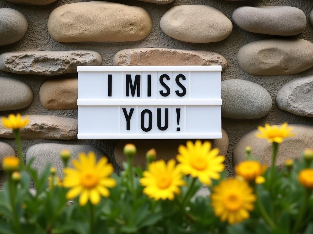 The image shows a sign with the text "I MISS YOU!" prominently displayed. The background features a textured wall made of smooth stones, providing a rustic charm. Below the sign, there are vibrant yellow flowers that add a touch of color to the scene. The contrast between the greenery and the stone wall creates a warm and inviting atmosphere. This setting suggests a longing or a message of affection, evoking a sense of nostalgia.