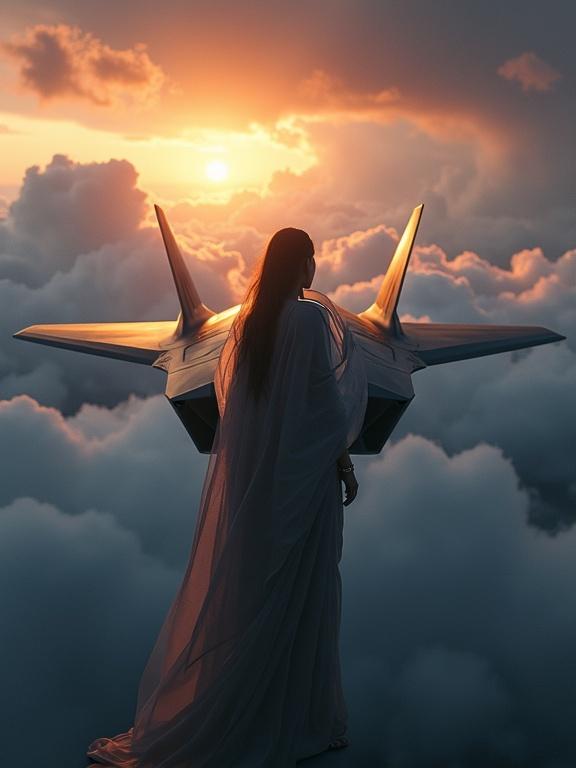A hyper-realistic render featuring a stealth fighter jet in turbulent clouds. The scene captures a sunset with warm hues. In the foreground, an elegant girl in a saree stands. A helicopter is visible in the background. The setting is dramatic and atmospheric.