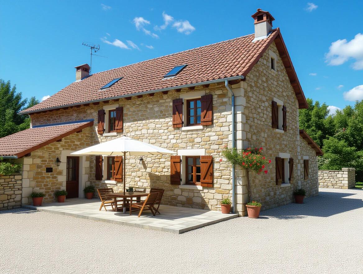 Realistic depiction of a renovated stone farmhouse typical of the Crau region. Bright sunny atmosphere with a focus on the exterior and patio.