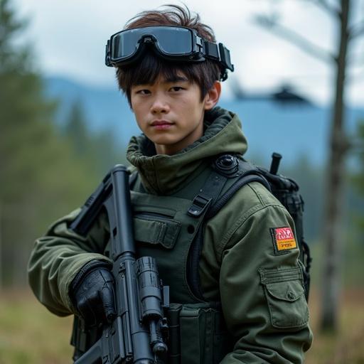 Photograph of a teenage soldier in a forest setting. Full body shot shows a handsome young man in dark green military gear. He holds a submachine gun and wears night-vision goggles. Background features a helicopter and tall trees under a blue sky.