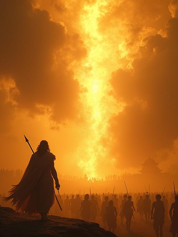 A montage of Karna’s life including key moments like donating kavacha to Indra befriending Duryodhana standing alone meeting Kunti blessing his son Final shot shows his soul ascending in a golden light above the battlefield while voices narrate his legacy Sanskrit chants echo in the background
