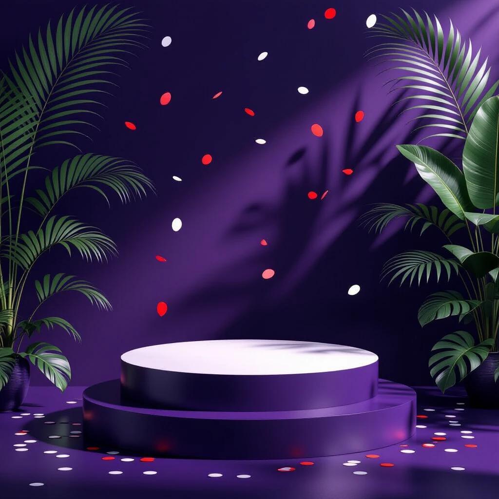 Elegant birthday-themed scene for a resto bar. Dark violet background with lush tropical plant leaves on both sides. In the center, a sleeks circular dome platform. Floating red and white confetti creates a festive atmosphere. Sophisticated mood with moody lighting and soft shadows.