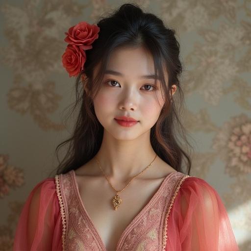 A woman in a beautiful dress. She wears a floral hair accessory. Delicate jewelry adorns her neck. The background features floral wallpaper. The lighting is soft and natural.