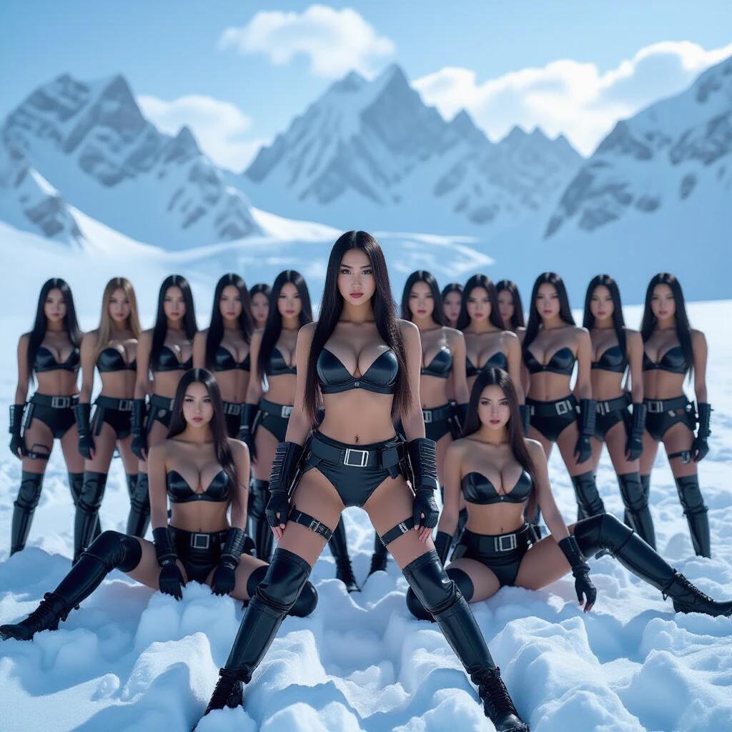 Group of women in snowy mountains. Women have long black hair. Women wear black leather outfits. They have tactical accessories and stand in bold formation. Their appearance shows strength and elegance. The snowy landscape contrasts with their outfits.