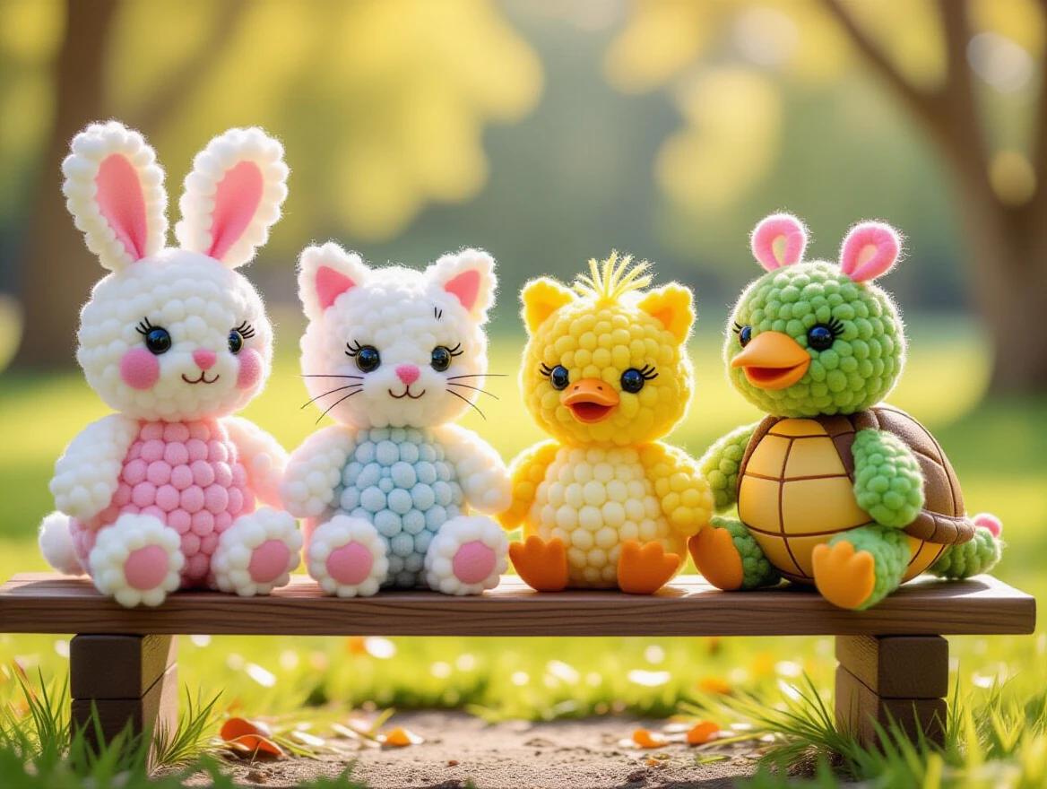 A group of adorable handmade animals made from fluffy yarn pom-poms are displayed. This includes a bunny, kitten, duckling, and turtle. Each features colorful pom-poms and cute facial details. They sit on a cozy bench in a lush park with a dreamy bokeh background. The aesthetic is whimsical and playful, emphasizing pastel tones and cuteness.