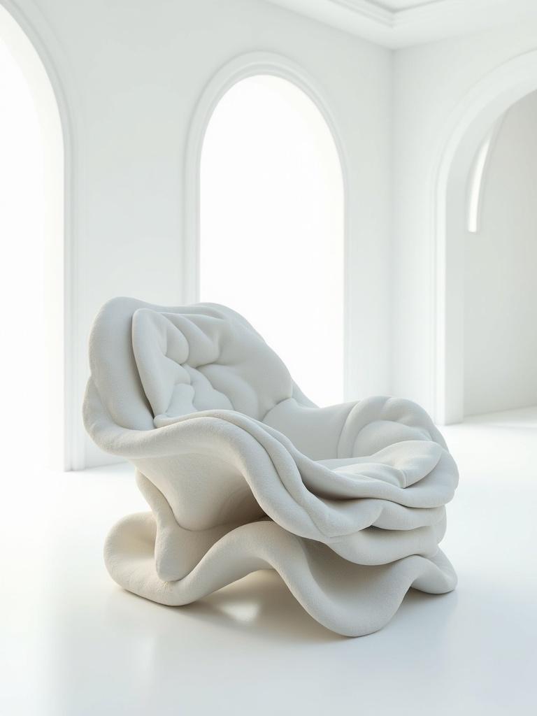 3D render of a chair inspired by neural networks. The chair has a complex organic structure made of layers. Each layer features different textures and colors. Background is a futuristic white living room.