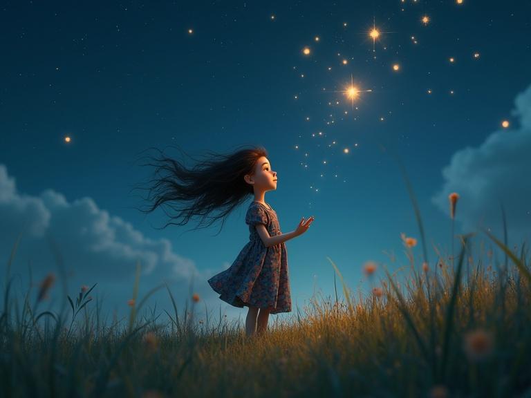 A young girl walks under a starry night sky reaching out to catch falling stars. The scene incorporates fantasy elements with a textured starry background and soft focus.