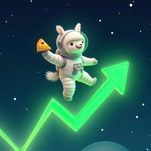 Cute alpaca astronaut in a white spacesuit holding pie in space. Climbing glowing green candlestick. Chart bar resembles bullish crypto market candle. Starry night background with small stars. Alpaca helmet with ears. Surrealism blends crypto culture and space.