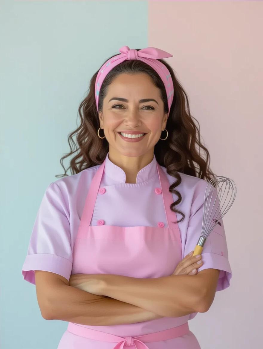 Portrait of a Brazilian pastry chef in pastel uniform against a soft pastel background. The chef has long curly hair tied with a pink headband. The chef wears a light lilac blouse and pink apron. A whisk is held confidently. The composition has a clean and centered look. Professional and natural lighting with high detail.