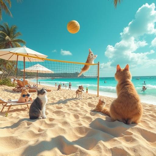 Hyper-realistic photo of cats at a beach with turquoise waters and golden sand. Cats sunbathe, play, and relax. Beach volleyball with cats spiking a ball over the net. Cats swim in clear waters. Felines on lounge chairs with shades sipping drinks. Kittens building sandcastles and playing games. Ultra-detailed textures of sand, sunlight, and fur.