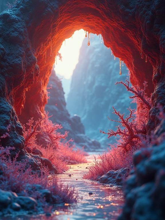 3D artwork featuring a fantastical hole in a cavern with vibrant colors. The image showcases an illuminated archway with intricate details and lush surroundings. Soft light shines through, creating a serene atmosphere. The scene is rich in color depth and artistic detail.