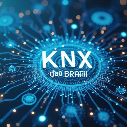 Design a visually appealing cover or folder featuring the text KNX do Brasil. Emphasize themes of connection, innovation, and smart automation. Mention that building automation is more than technology, but an art. Highlight experience in creating intelligent spaces in various settings. Stress that every project is unique and future-ready. Showcase excellence in automation and project execution.