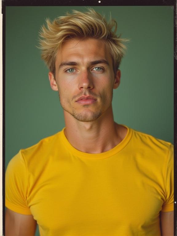 A male model with blonde hair and a muscular build wears a yellow shirt. He has a cute face and a serious, interesting look. The image resembles a Polaroid photo.